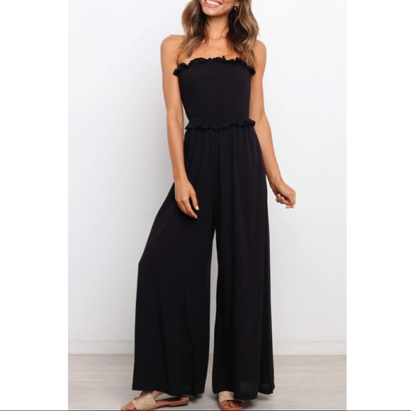 Pants - Black Smocked Bandeau Wide Leg Jumpsuit